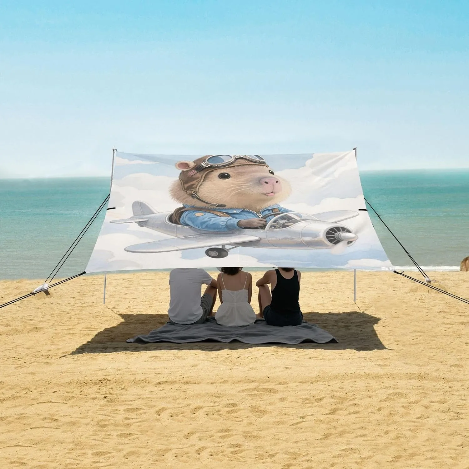 Funny Capybara Pilot Beach Canopy Tent Anti-UV & Wind Resistant, Camping Sun Shelter Easy Setup Portable,Outdoor Shade Tents with Sandbags,Sand Shovels,Ground Pegs & Stability Poles