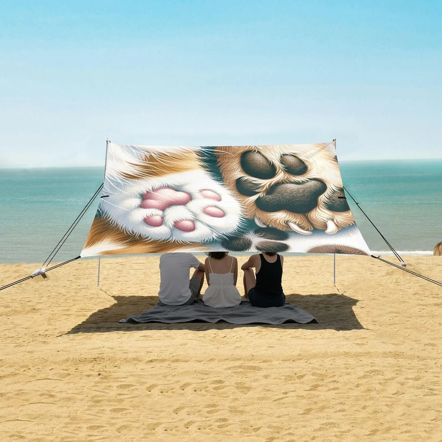 Funny Cat and Dog Paws Beach Canopy Tent Anti-UV & Wind Resistant, Camping Sun Shelter Easy Setup Portable,Outdoor Shade Tents with Sandbags,Sand Shovels,Ground Pegs & Stability Poles