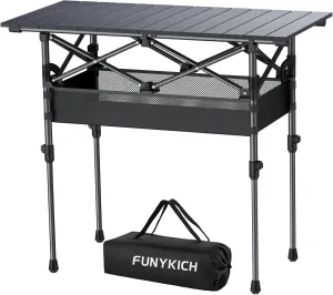 FUNYKICH Folding Camping Table(L32.3''xW15.7''), Aluminum Roll-up Portable Picnic Table with 2 Adjustable Height, Large Storage and Carrying Bag for Picnic, Camping, BBQ, Party, Backyard, Beach