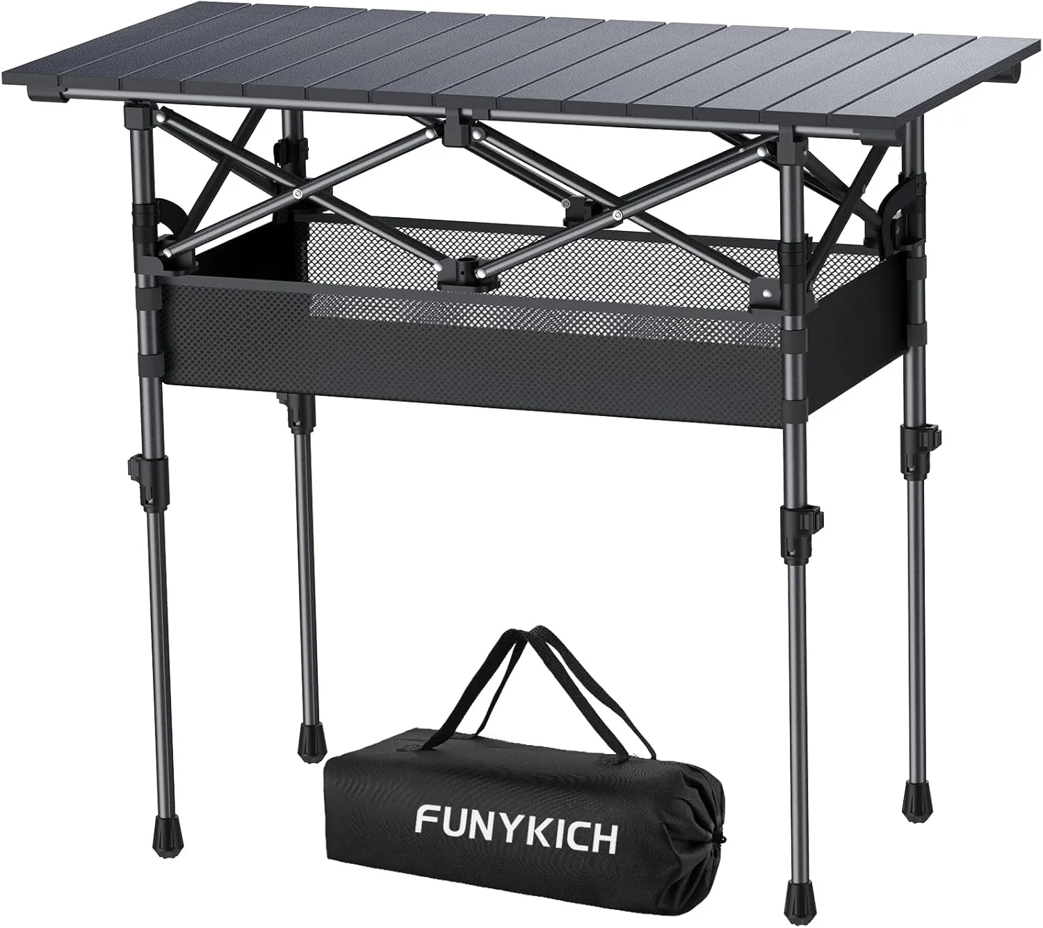 FUNYKICH Folding Camping Table(L32.3''xW15.7''), Aluminum Roll-up Portable Picnic Table with 2 Adjustable Height, Large Storage and Carrying Bag for Picnic, Camping, BBQ, Party, Backyard, Beach