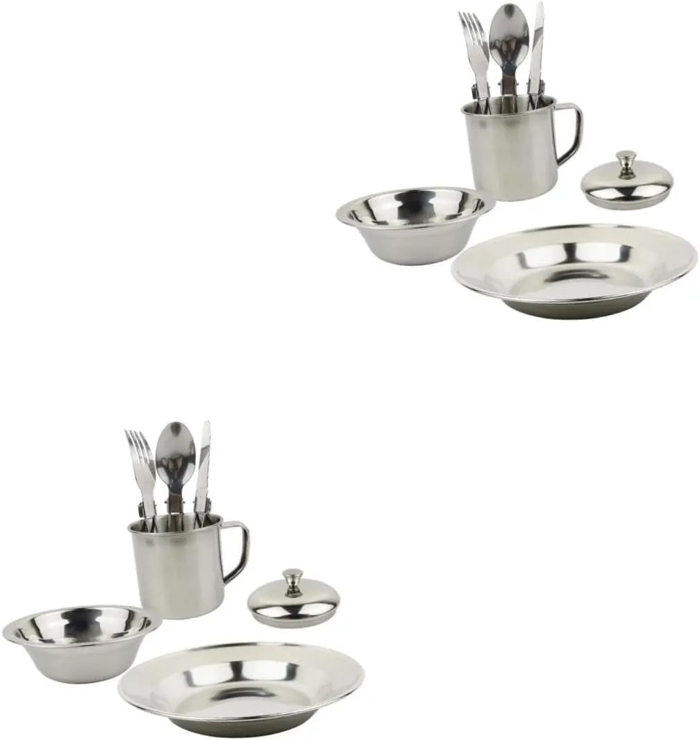 GALPADA Outdoor Tableware Silver Stainless Steel Hiking Tableware Cooking Utensils Stainless Steel Cookware