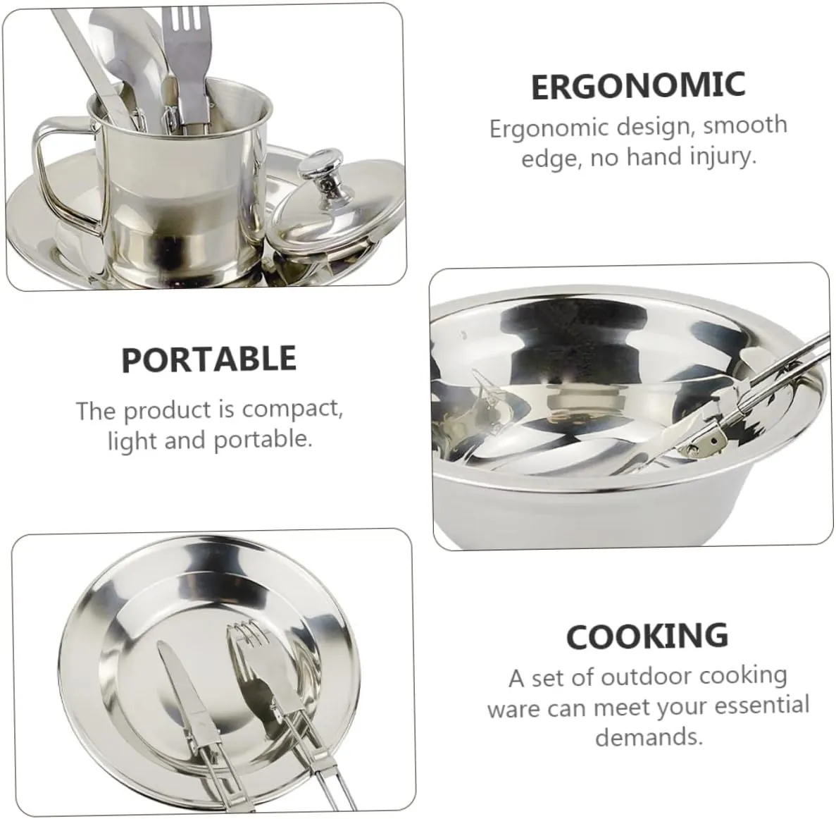 GALPADA Outdoor Tableware Silver Stainless Steel Hiking Tableware Cooking Utensils Stainless Steel Cookware