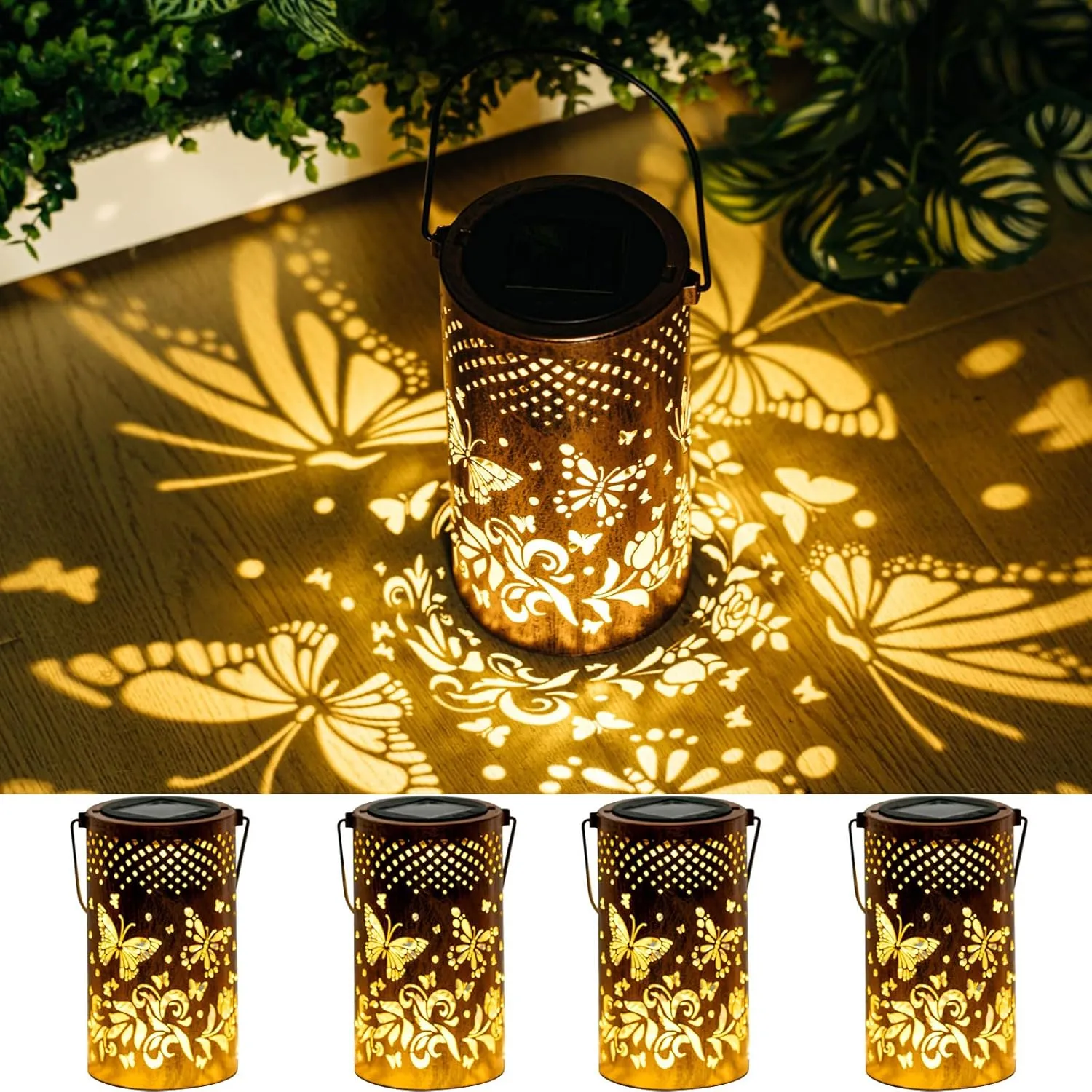 Ganeen 4 Pcs Butterfly Solar Lanterns Outdoor Hanging Waterproof Metal LED Garden Decor Lights for Patio Yard Pathway Lawn Front Porch Birthday Gardening Gifts for Women Mom Grandma