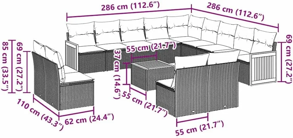 Garden Sofa Set - Patio Furniture, Black PE Rattan, Adjustable Feet, Outdoor Chairs, 14 Piece Table, Wicker