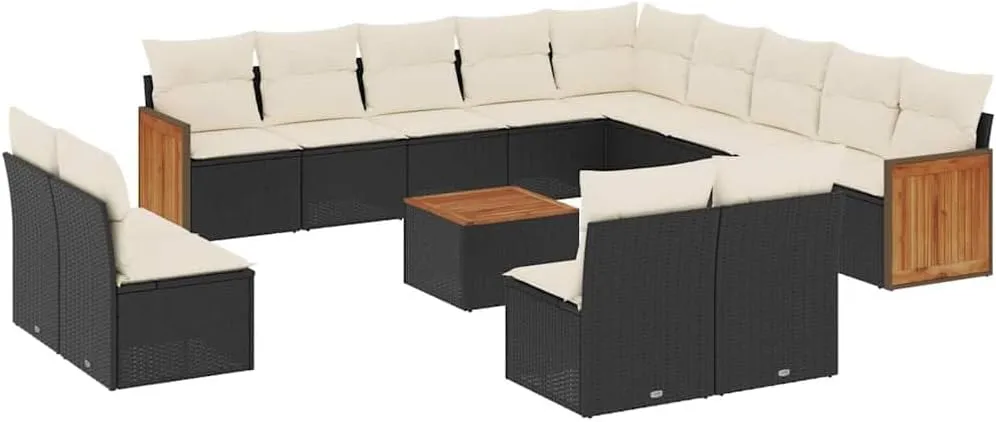 Garden Sofa Set - Patio Furniture, Black PE Rattan, Adjustable Feet, Outdoor Chairs, 14 Piece Table, Wicker