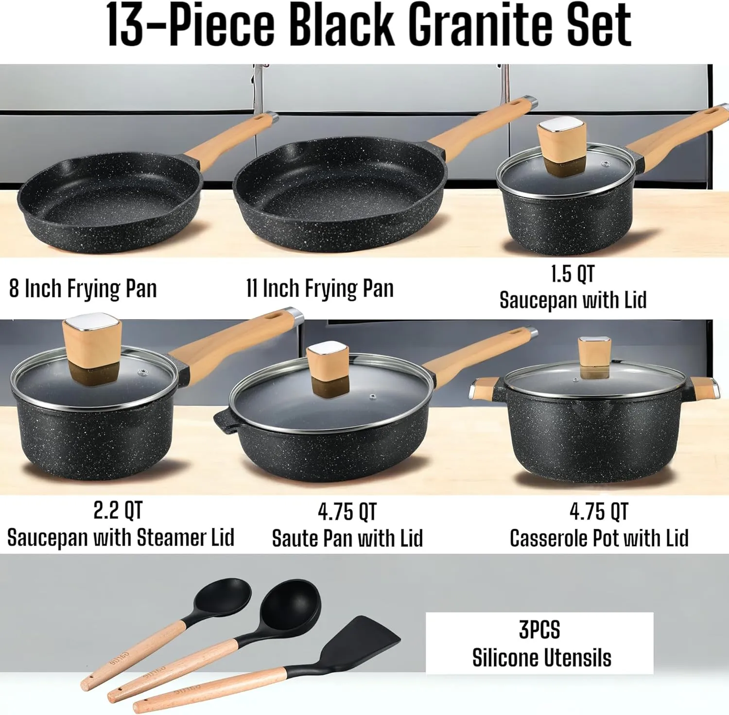 Garlié 13pcs Pots and Pans Set, Nonstick Black Granite Set, Cookware Sets Suitable for Gas, Electric, Induction, Kitchen Cooking Set with Frying Pans, Saucepans, Casserole, Dishwasher Safe