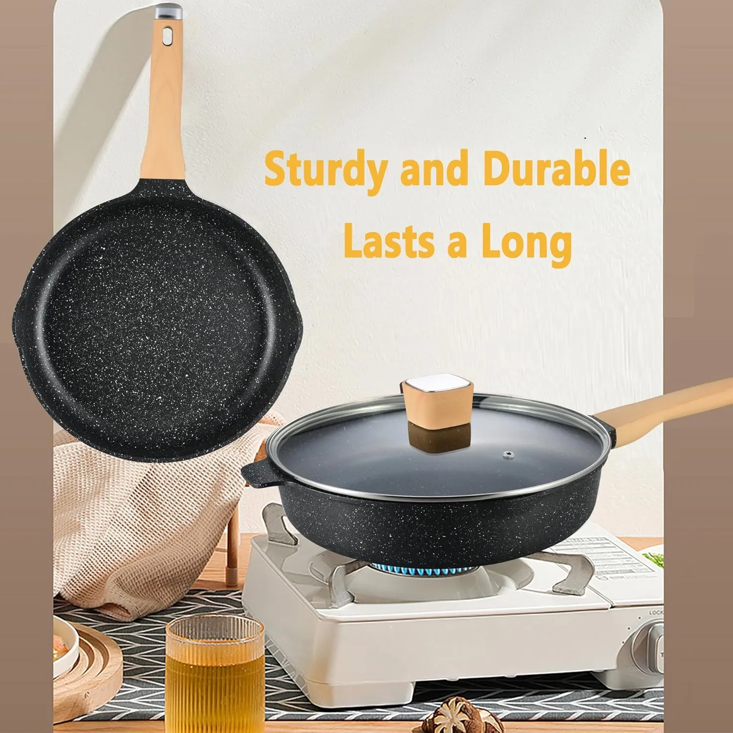 Garlié 13pcs Pots and Pans Set, Nonstick Black Granite Set, Cookware Sets Suitable for Gas, Electric, Induction, Kitchen Cooking Set with Frying Pans, Saucepans, Casserole, Dishwasher Safe