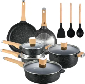 Garlié 13pcs Pots and Pans Set, Nonstick Black Granite Set, Cookware Sets Suitable for Gas, Electric, Induction, Kitchen Cooking Set with Frying Pans, Saucepans, Casserole, Dishwasher Safe