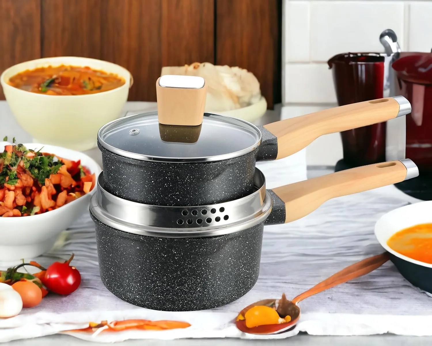 Garlié 13pcs Pots and Pans Set, Nonstick Black Granite Set, Cookware Sets Suitable for Gas, Electric, Induction, Kitchen Cooking Set with Frying Pans, Saucepans, Casserole, Dishwasher Safe
