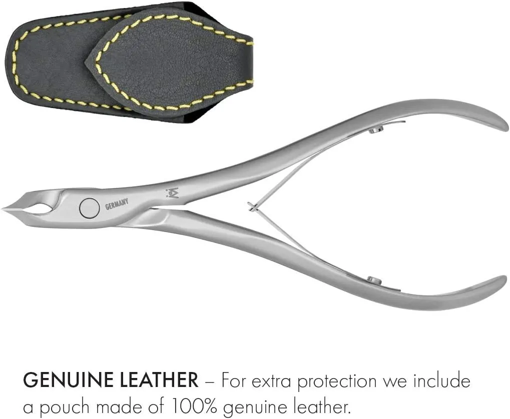 GERMANIKURE Tower Point Cuticle Trimmer - 3/4 Full Jaw Nipper - Ethically Made in Germany - FINOX Stainless Steel Professional Sharp Cuticle Remover in Leather Case – Manicure Tool, r147, 7mm