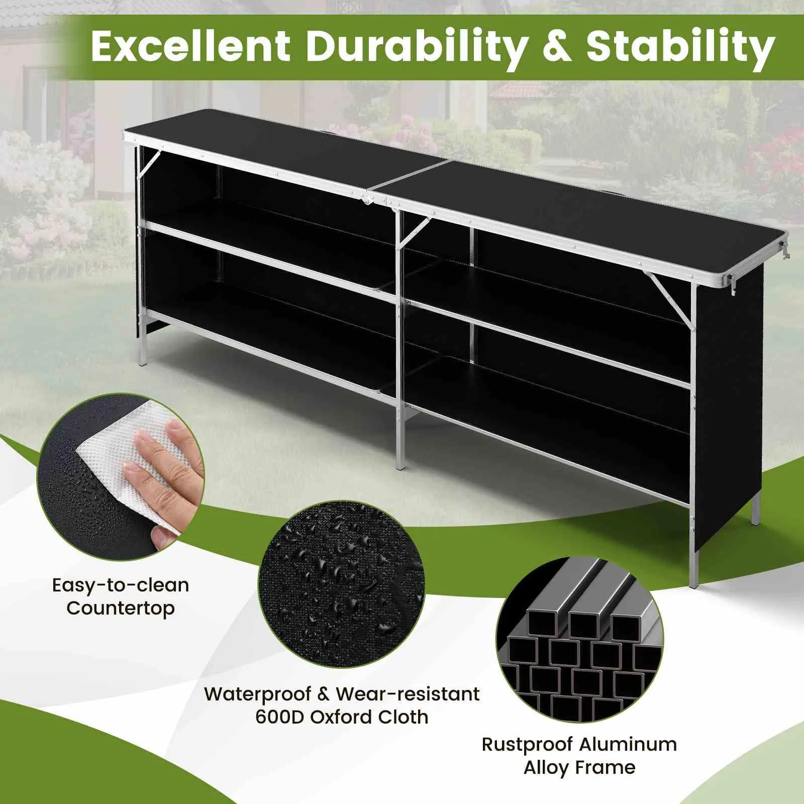 Giantex  Folding Camping Table, Aluminum Portable Picnic Table w/ 2-Tier Open Shelves & Spacious Tabletop