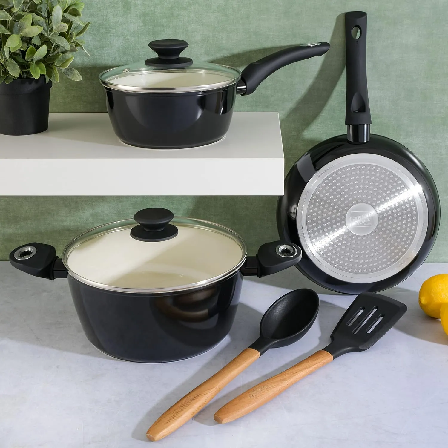 Gibson Home Plaza Café Forged Aluminum Healthy PFA-Free Ceramic Pots and Pans Cookware Set, 7-Piece Set, Black