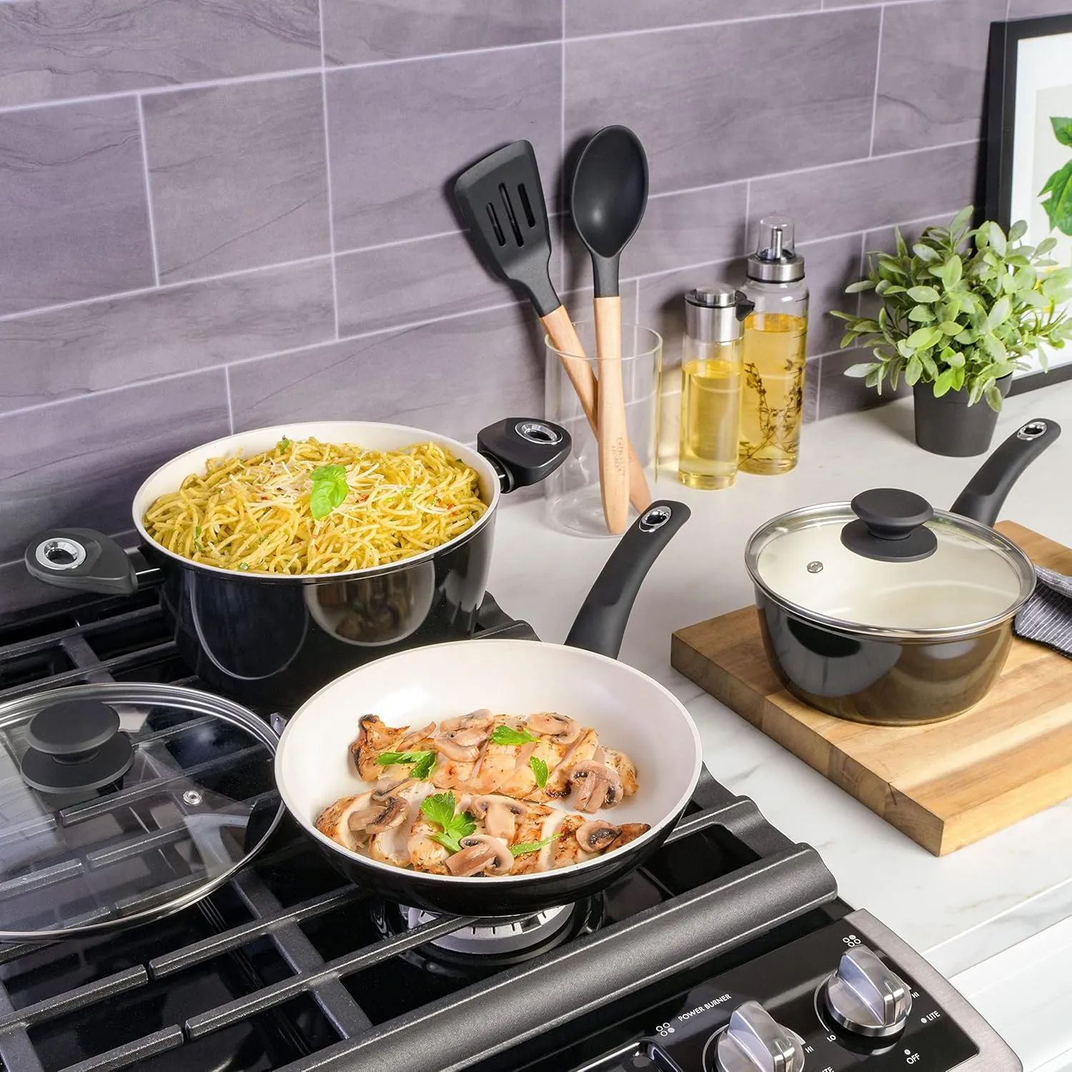 Gibson Home Plaza Café Forged Aluminum Healthy PFA-Free Ceramic Pots and Pans Cookware Set, 7-Piece Set, Black
