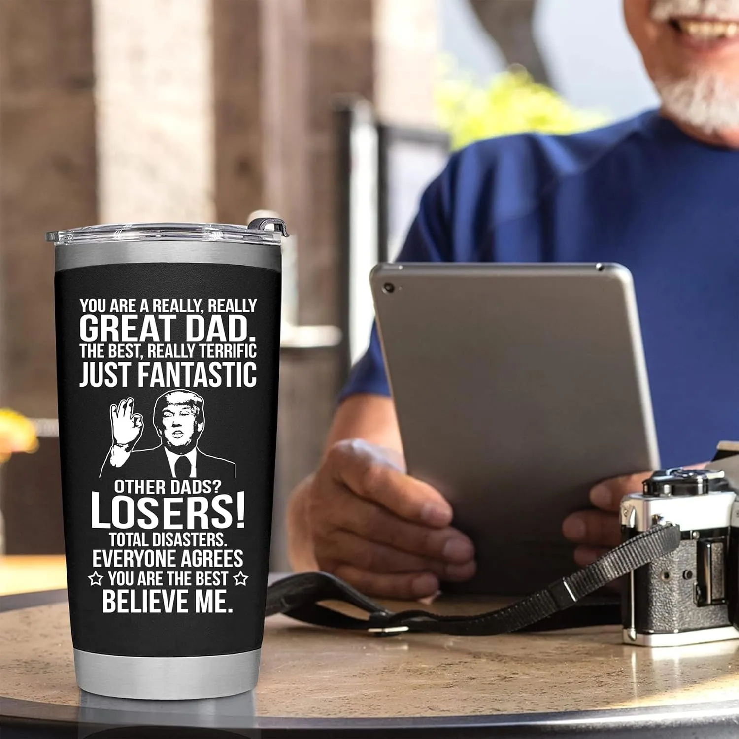 Gifts for Dad from Daughter, Son, Kids for Fathers Day, Birthday, Christmas - Present for Dad - Stainless Steel, Double Wall Insulated, Keeps Drinks Hot or Cold, Perfect for Fathers, 20oz, Black