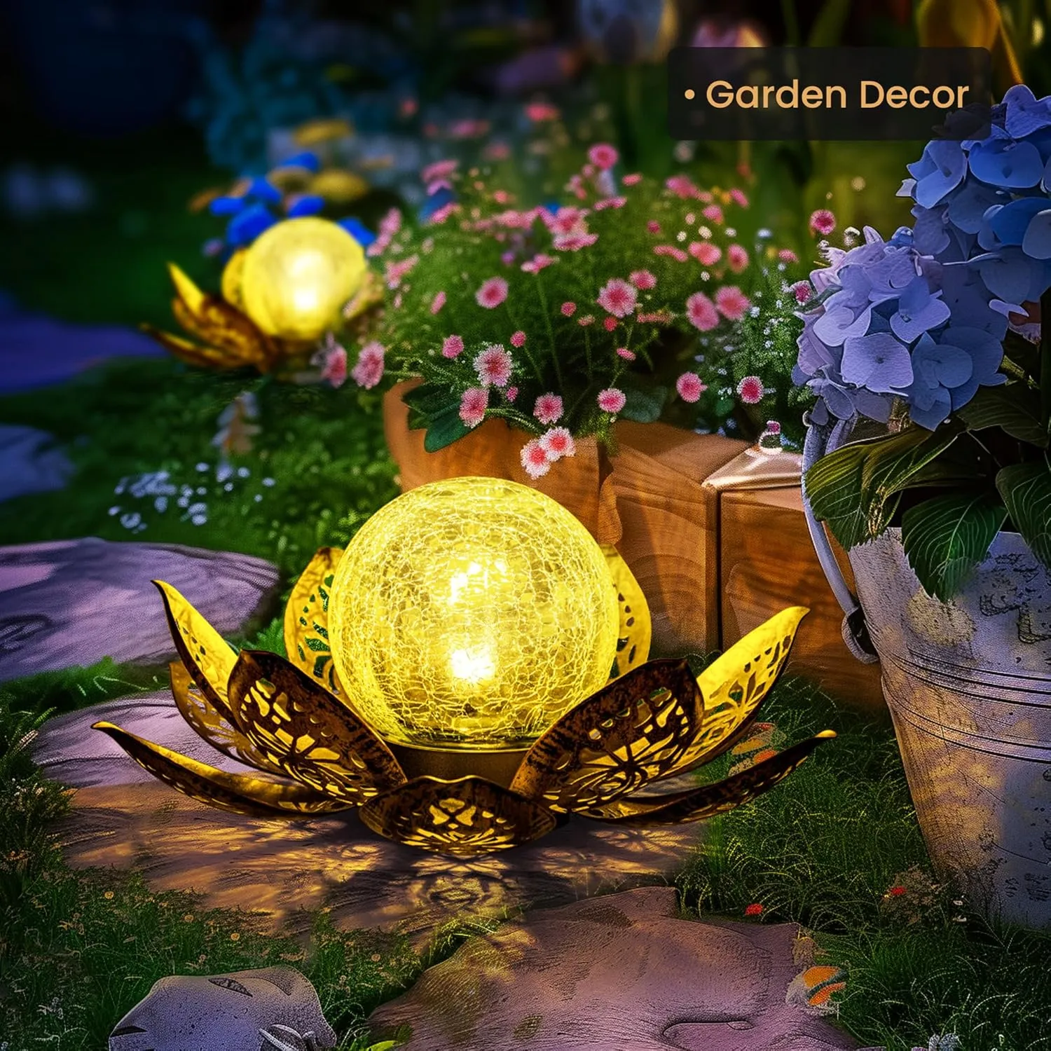 GIGALUMI Solar Lights Outdoor Garden Decor, Adjustable Metal Petal Lotus Flower Lights Crackle Globe Glass Lantern Outdoor Table Decor Waterproof for Patio, Lawn, Pathway, Pond, Christmas Gift