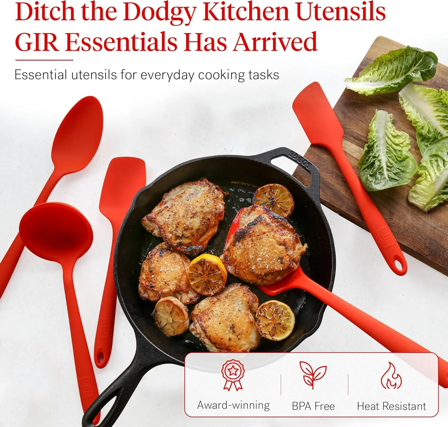 GIR: Get It Right - 5 Piece Essentials All Purpose Set - Ladle, Spatula, Flip, Spoon & Spoonula, Non-stick, Heat Resistant, Dishwasher Safe, Kitchen Utensils, Baking Supplies - Fire Red