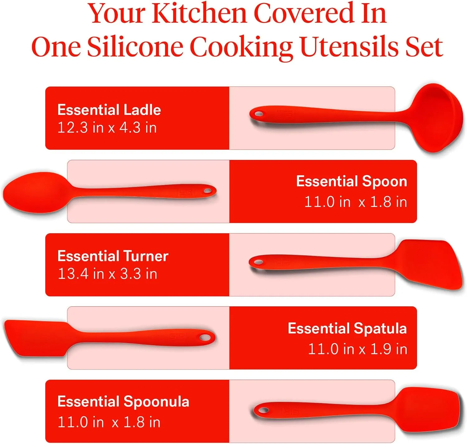 GIR: Get It Right - 5 Piece Essentials All Purpose Set - Ladle, Spatula, Flip, Spoon & Spoonula, Non-stick, Heat Resistant, Dishwasher Safe, Kitchen Utensils, Baking Supplies - Fire Red