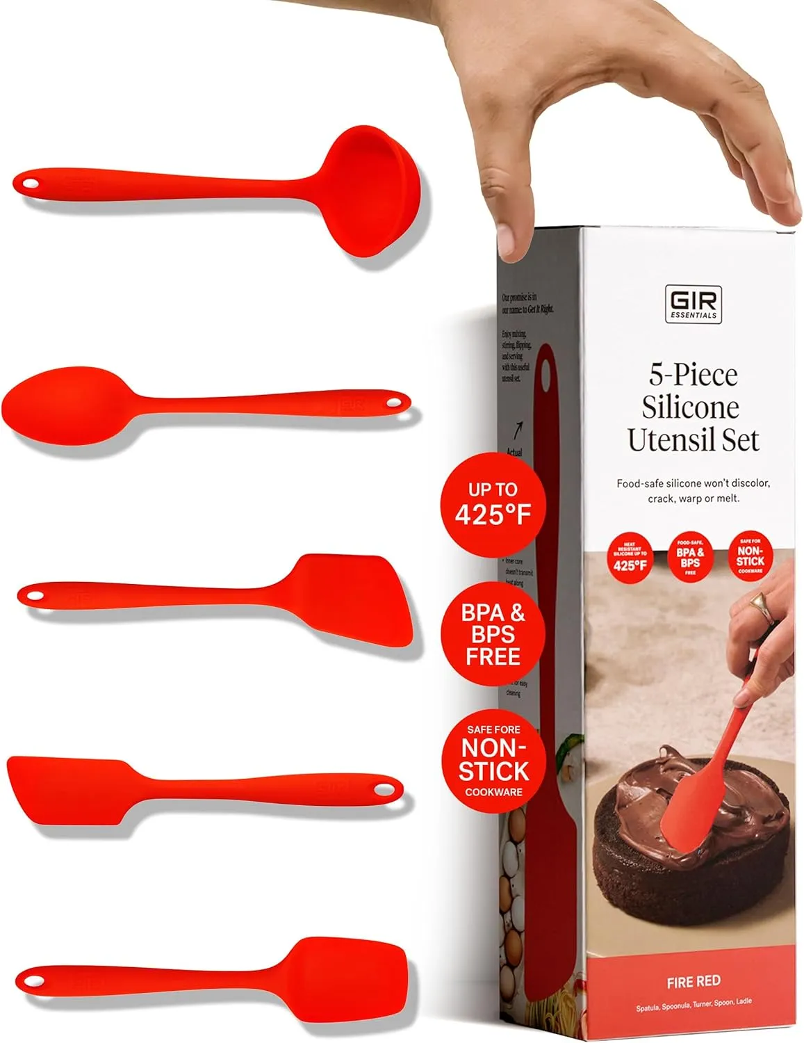 GIR: Get It Right - 5 Piece Essentials All Purpose Set - Ladle, Spatula, Flip, Spoon & Spoonula, Non-stick, Heat Resistant, Dishwasher Safe, Kitchen Utensils, Baking Supplies - Fire Red