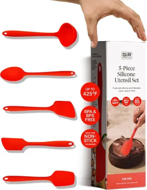 GIR: Get It Right - 5 Piece Essentials All Purpose Set - Ladle, Spatula, Flip, Spoon & Spoonula, Non-stick, Heat Resistant, Dishwasher Safe, Kitchen Utensils, Baking Supplies - Fire Red