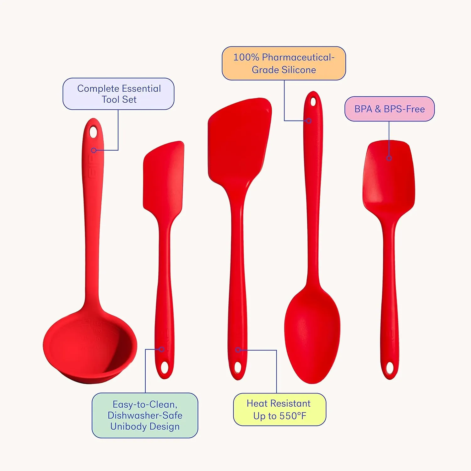GIR: Get It Right 5 Piece Silicone Utensil Set - Ladle, Spatula, Flip, Spoon & Spoonula - Non-Stick, Heat Resistant & Dishwasher Safe - Red Silicone Kitchen Utensils - BPA & BPS Free