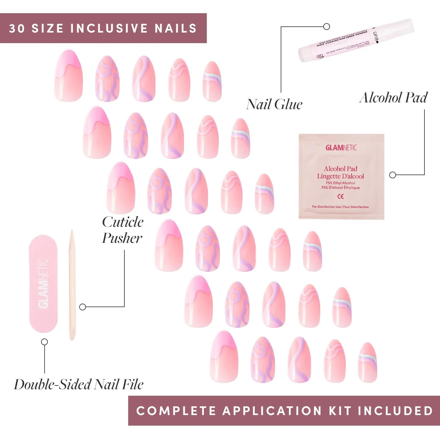 Glamnetic Press On Nails - Wild Card | Opaque UV Finish Short Pointed Almond Shape, Reusable Pastel Nails in 12 Sizes - 24 Nail Kit with Glue