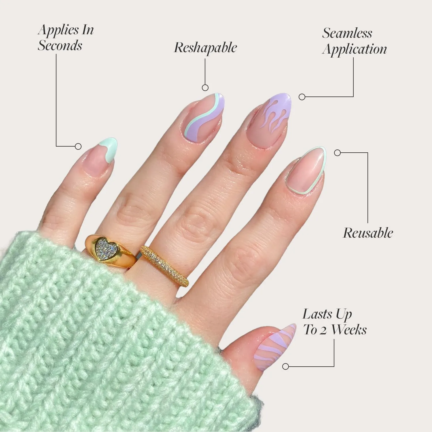 Glamnetic Press On Nails - Wild Card | Opaque UV Finish Short Pointed Almond Shape, Reusable Pastel Nails in 12 Sizes - 24 Nail Kit with Glue