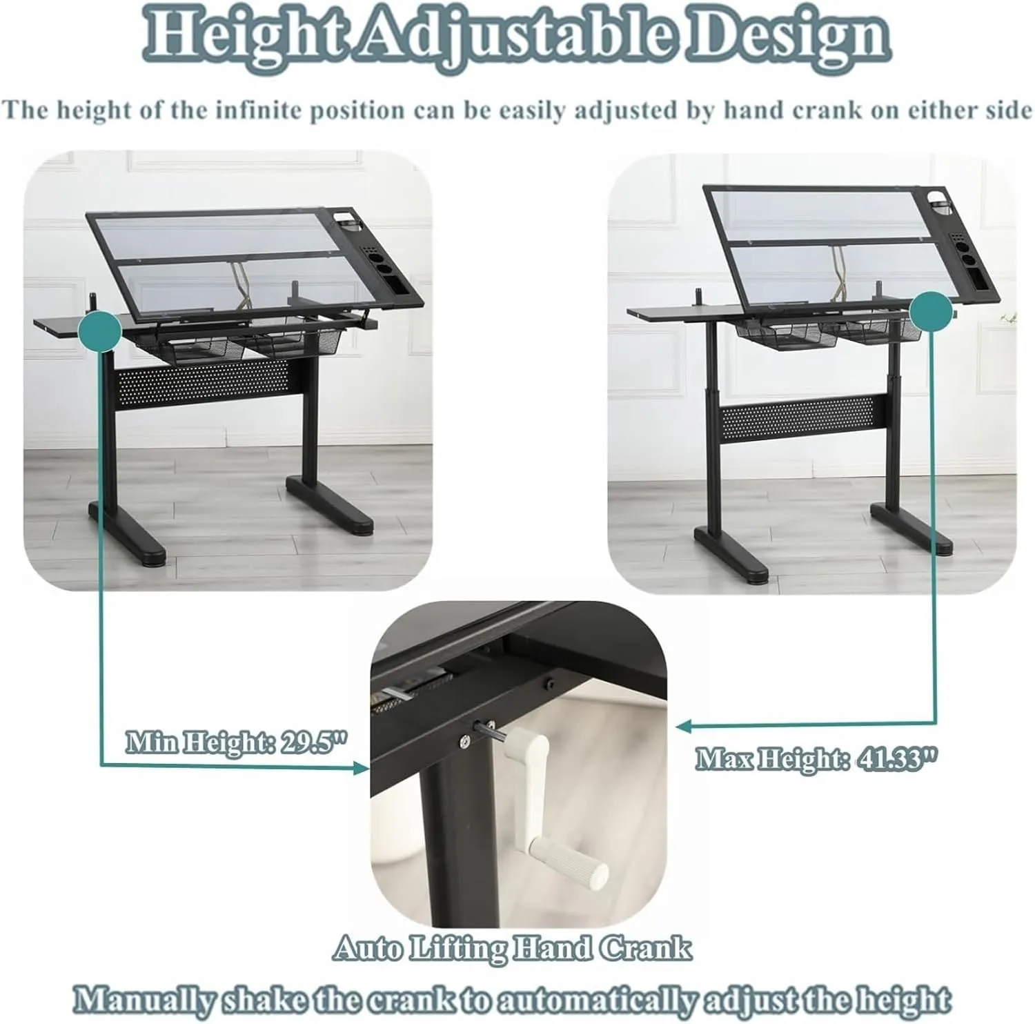 Glass Drafting Table and Stool Set, Upgraded Hand Crank Adjustable Height Drawing Table Artist Desk with 2 Storage Drawers and Side Table for Home Office (No.2-Black)