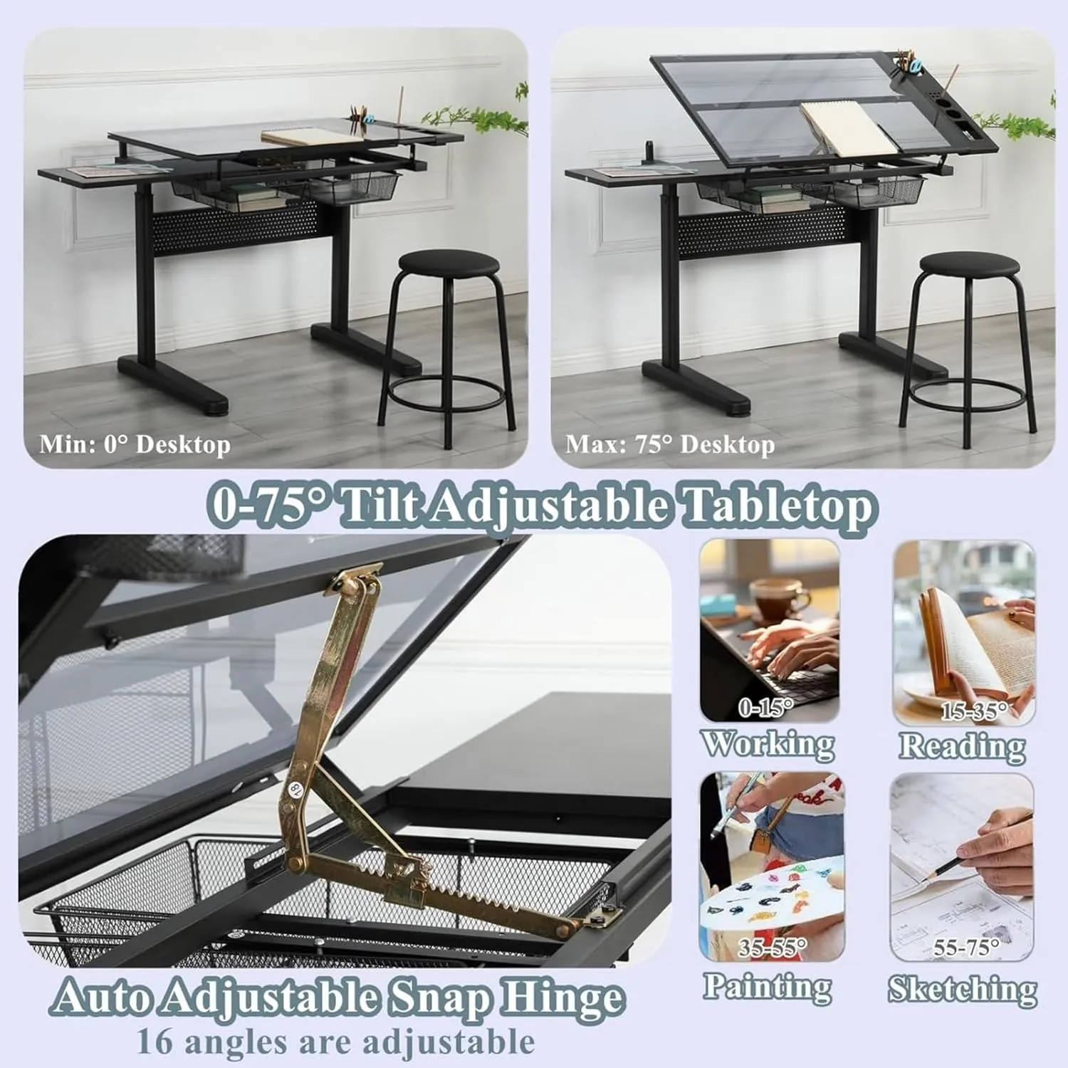 Glass Drafting Table and Stool Set, Upgraded Hand Crank Adjustable Height Drawing Table Artist Desk with 2 Storage Drawers and Side Table for Home Office (No.2-Black)