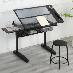 Glass Drafting Table and Stool Set, Upgraded Hand Crank Adjustable Height Drawing Table Artist Desk with 2 Storage Drawers and Side Table for Home Office (No.2-Black)