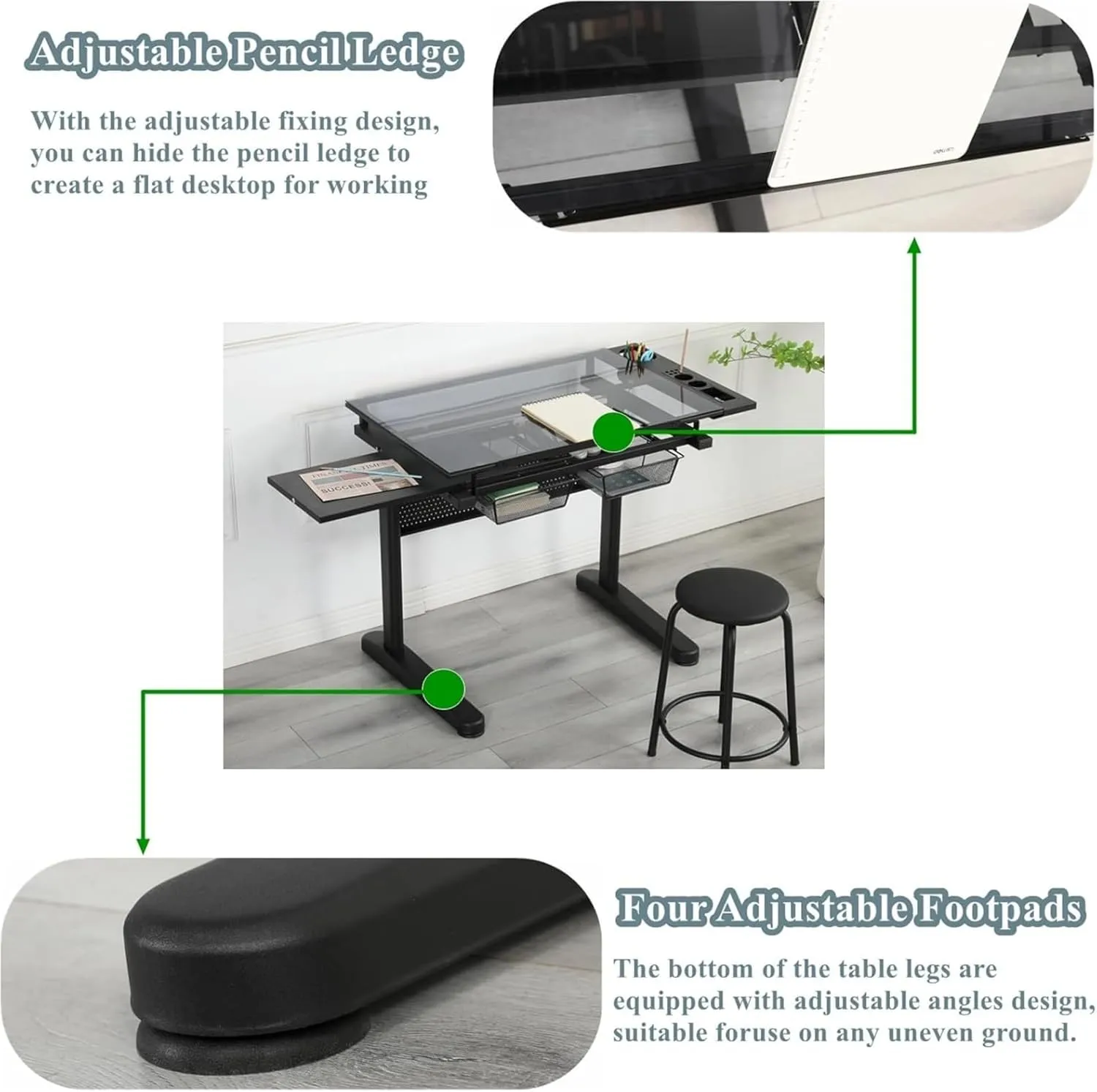 Glass Drafting Table and Stool Set, Upgraded Hand Crank Adjustable Height Drawing Table Artist Desk with 2 Storage Drawers and Side Table for Home Office (No.2-Black)