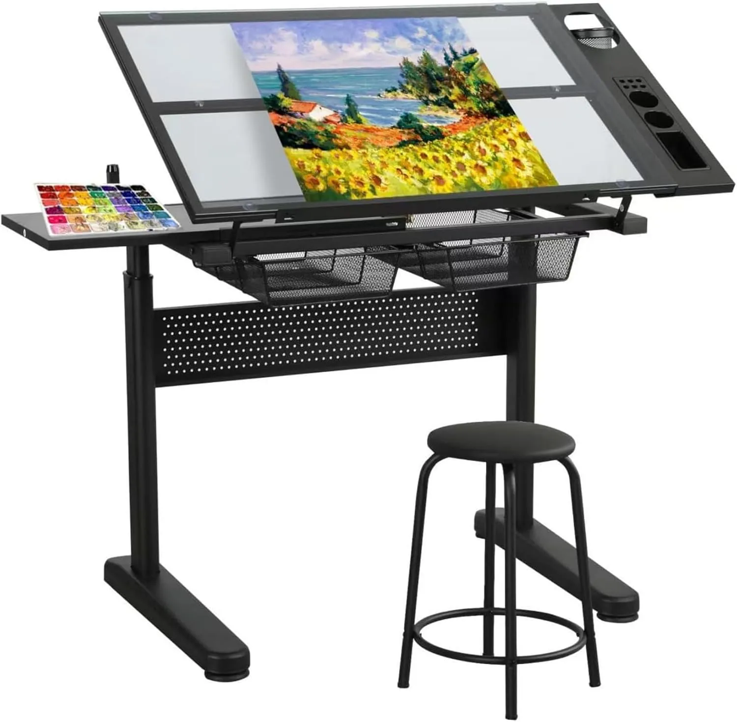 Glass Drafting Table and Stool Set, Upgraded Hand Crank Adjustable Height Drawing Table Artist Desk with 2 Storage Drawers and Side Table for Home Office (No.2-Black)