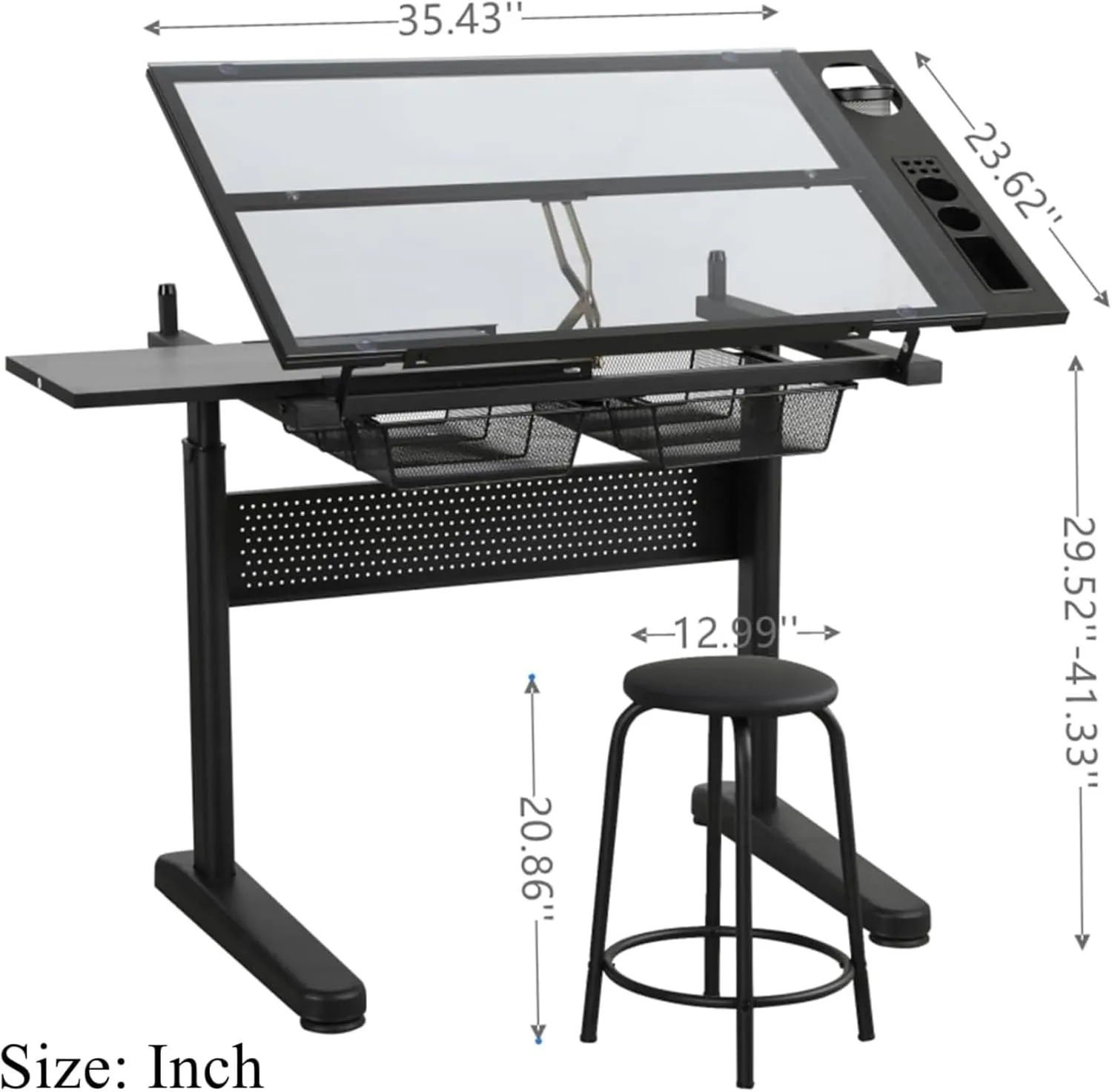 Glass Drafting Table and Stool Set, Upgraded Hand Crank Adjustable Height Drawing Table Artist Desk with 2 Storage Drawers and Side Table for Home Office (No.2-Black)