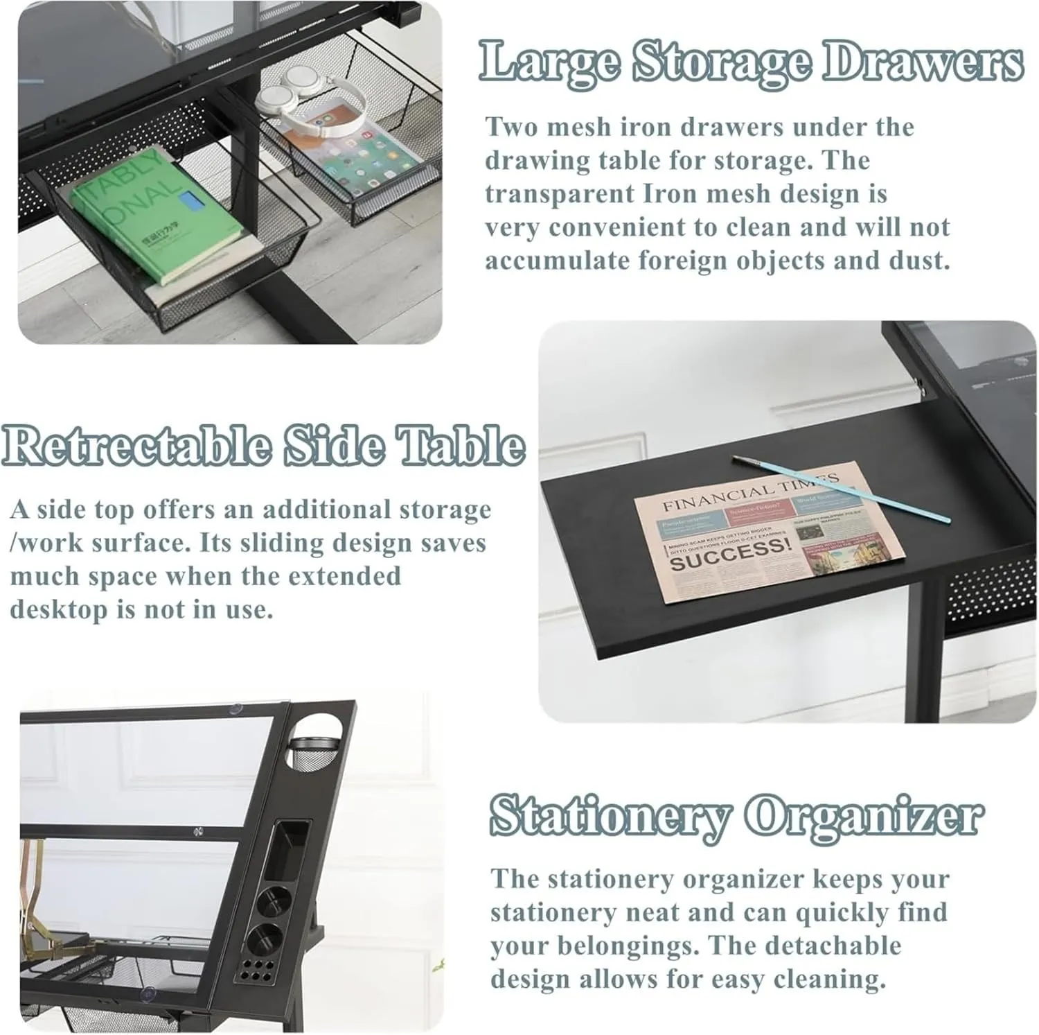 Glass Drafting Table and Stool Set, Upgraded Hand Crank Adjustable Height Drawing Table Artist Desk with 2 Storage Drawers and Side Table for Home Office (No.2-Black)
