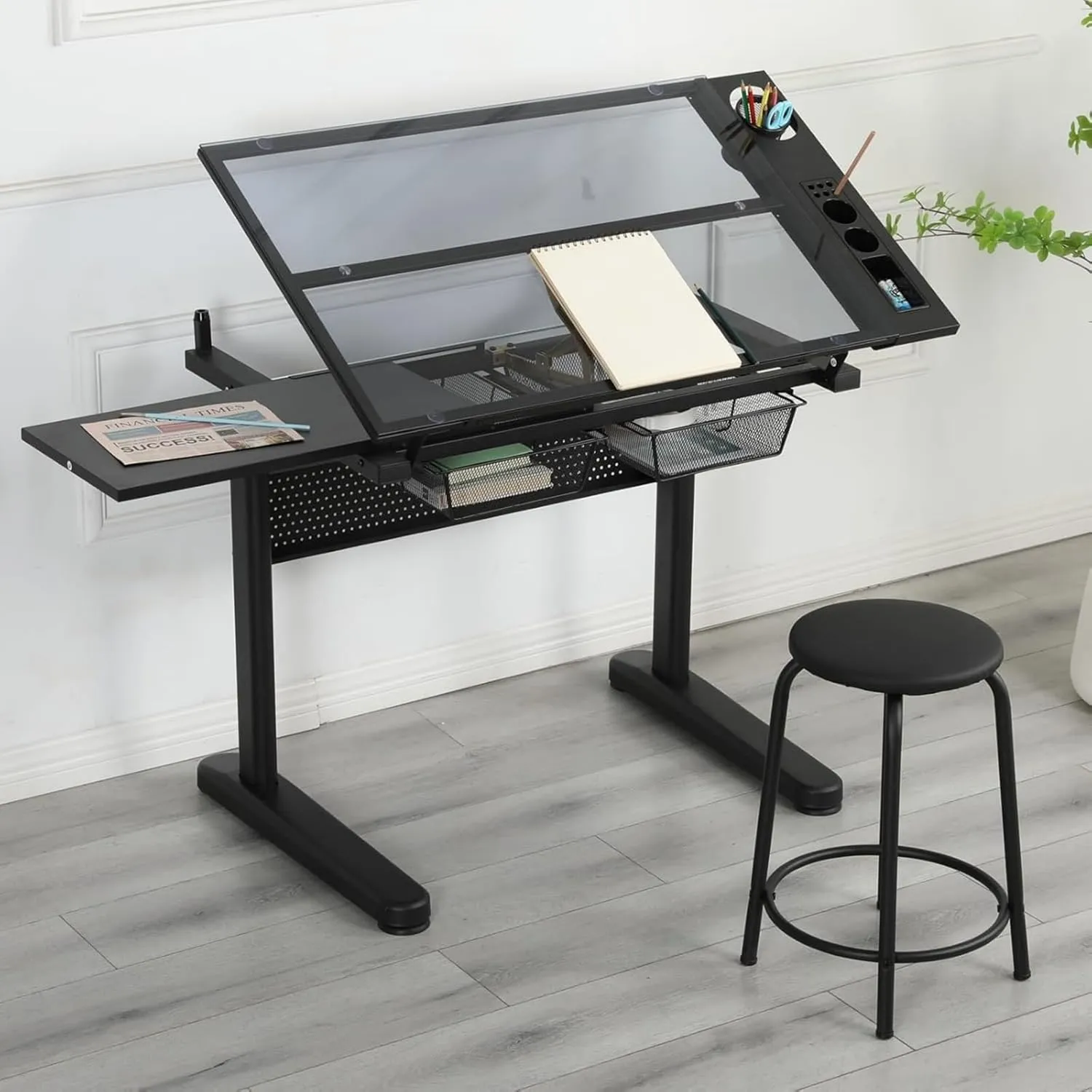 Glass Drafting Table and Stool Set, Upgraded Hand Crank Adjustable Height Drawing Table Artist Desk with 2 Storage Drawers and Side Table for Home Office (No.2-Black)