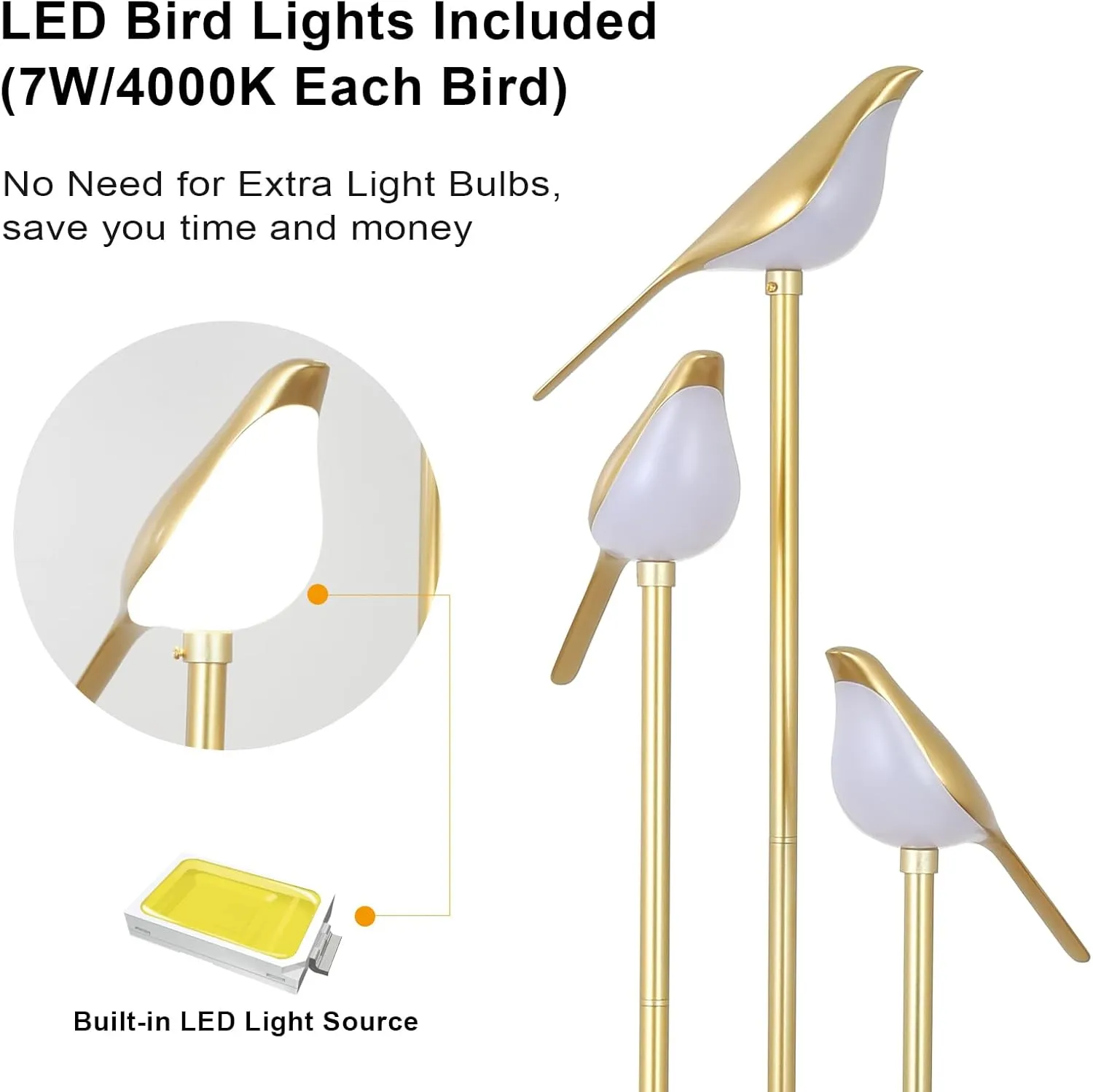 Gold Floor Lamp for Living Room With Shelves - Modern Mid Century Standing Light With 3 Adjustable LED Bird Lights, Corner Tall Lamp With Table, Brass Stand for Bedroom Kids Room