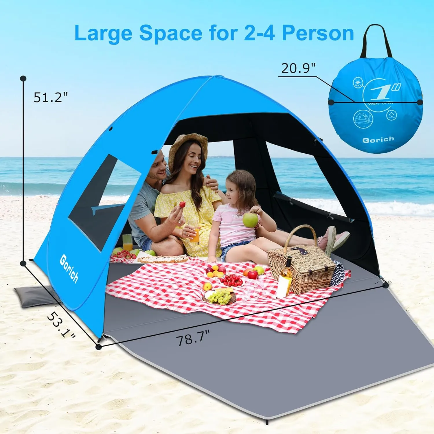 Gorich Easy Pop Up Beach Tent for 3-4 Person, UPF 50  UV Protection Beach Umbrella Sun Shelter, Portable Lightweight Cool Cabana Shade with Easy Foldable & Instant Setup