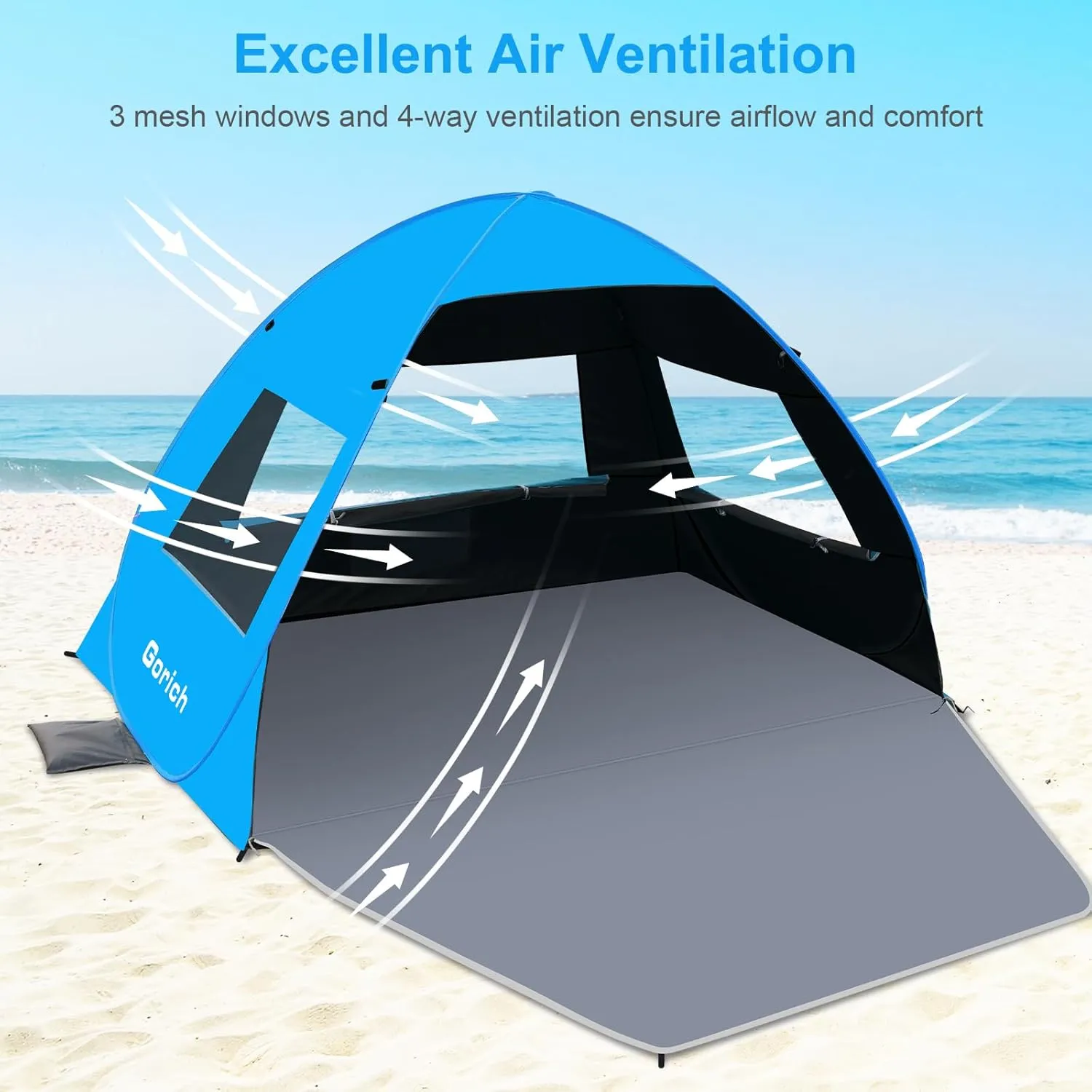 Gorich Easy Pop Up Beach Tent for 3-4 Person, UPF 50  UV Protection Beach Umbrella Sun Shelter, Portable Lightweight Cool Cabana Shade with Easy Foldable & Instant Setup