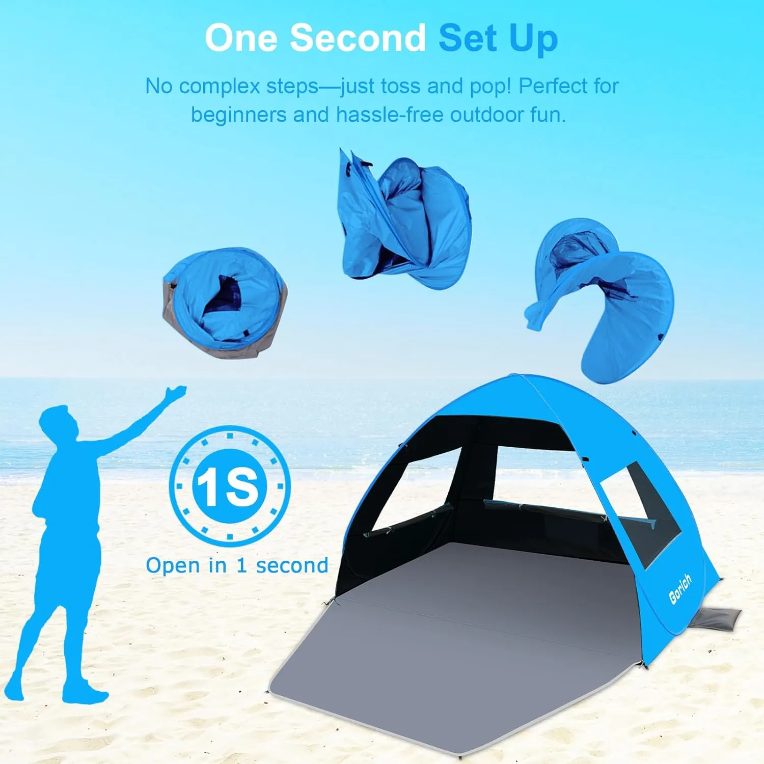 Gorich Easy Pop Up Beach Tent for 3-4 Person, UPF 50  UV Protection Beach Umbrella Sun Shelter, Portable Lightweight Cool Cabana Shade with Easy Foldable & Instant Setup