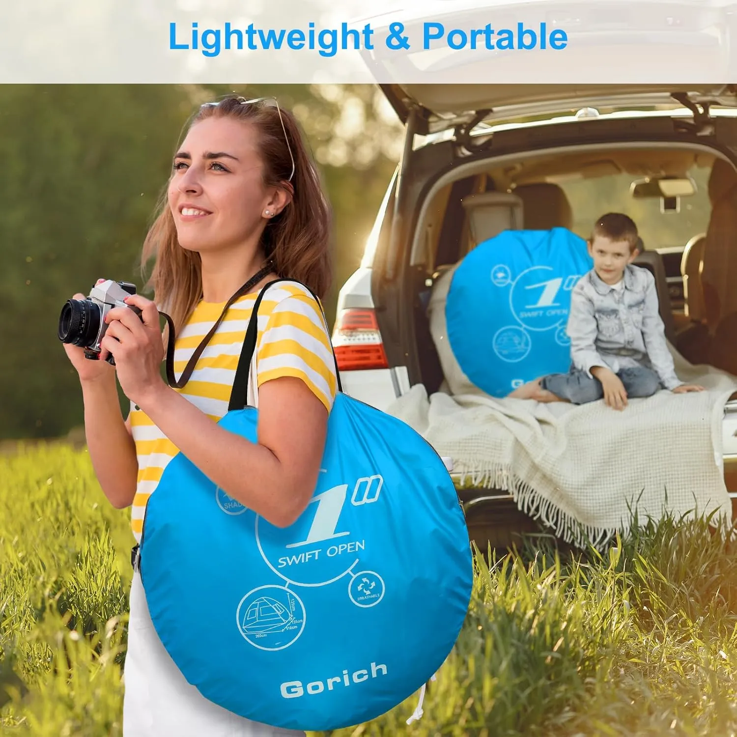Gorich Easy Pop Up Beach Tent for 3-4 Person, UPF 50  UV Protection Beach Umbrella Sun Shelter, Portable Lightweight Cool Cabana Shade with Easy Foldable & Instant Setup