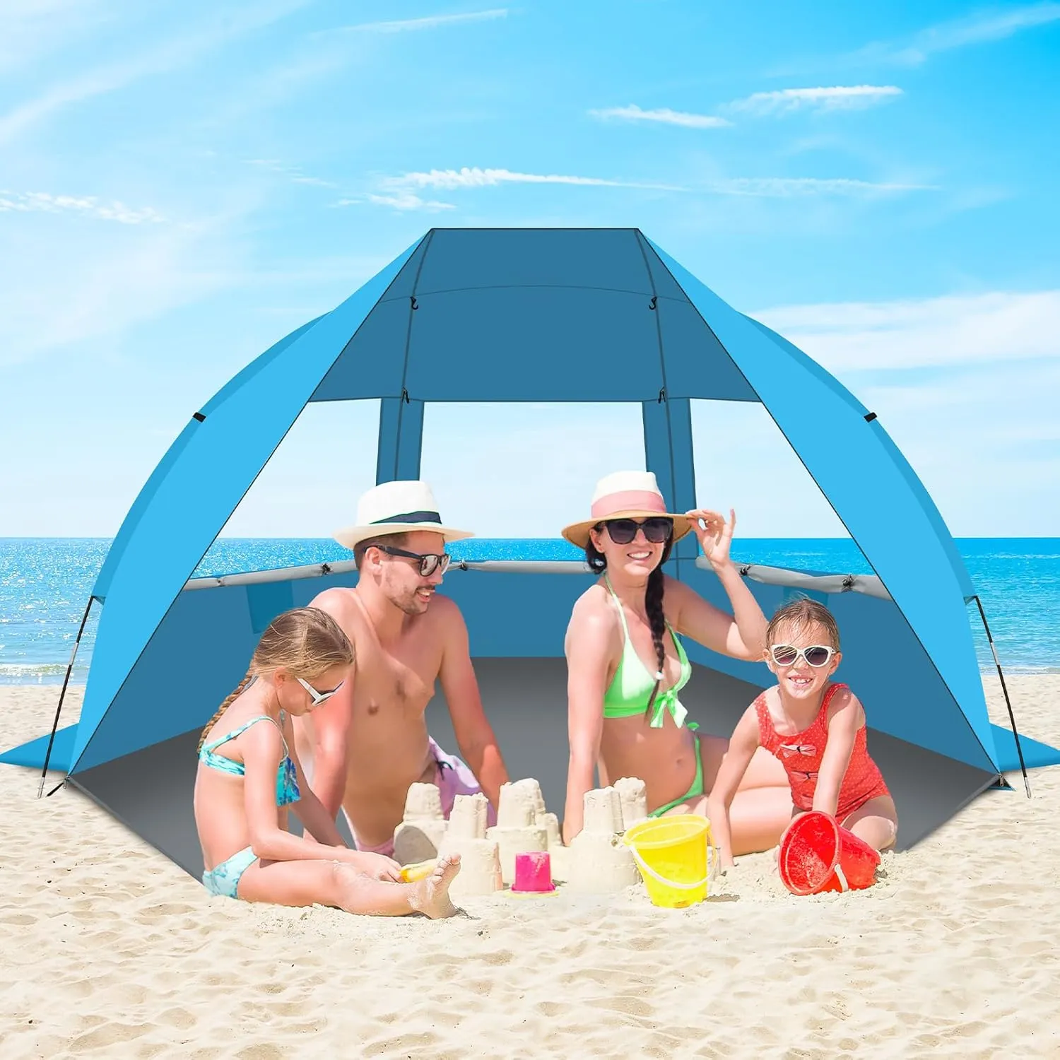 Gorich Portable Beach Tent for 3-7 Person with UPF 50  UV Protection, Lightweight & Foldable Sun Shelter with 5 Sand Bags, Easy Setup Windproof Beach Umbrella Sun Shade