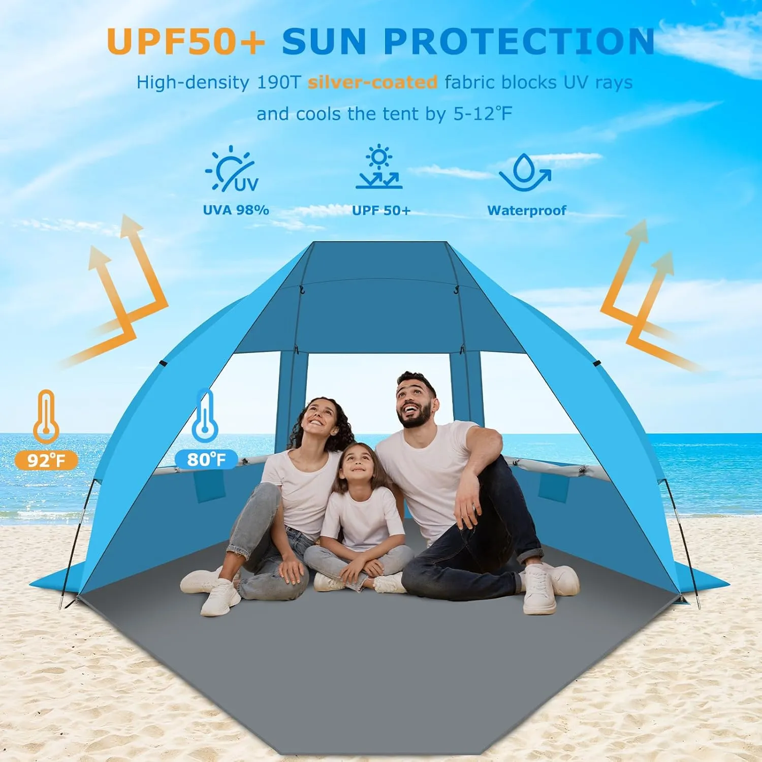 Gorich Portable Beach Tent for 3-7 Person with UPF 50  UV Protection, Lightweight & Foldable Sun Shelter with 5 Sand Bags, Easy Setup Windproof Beach Umbrella Sun Shade