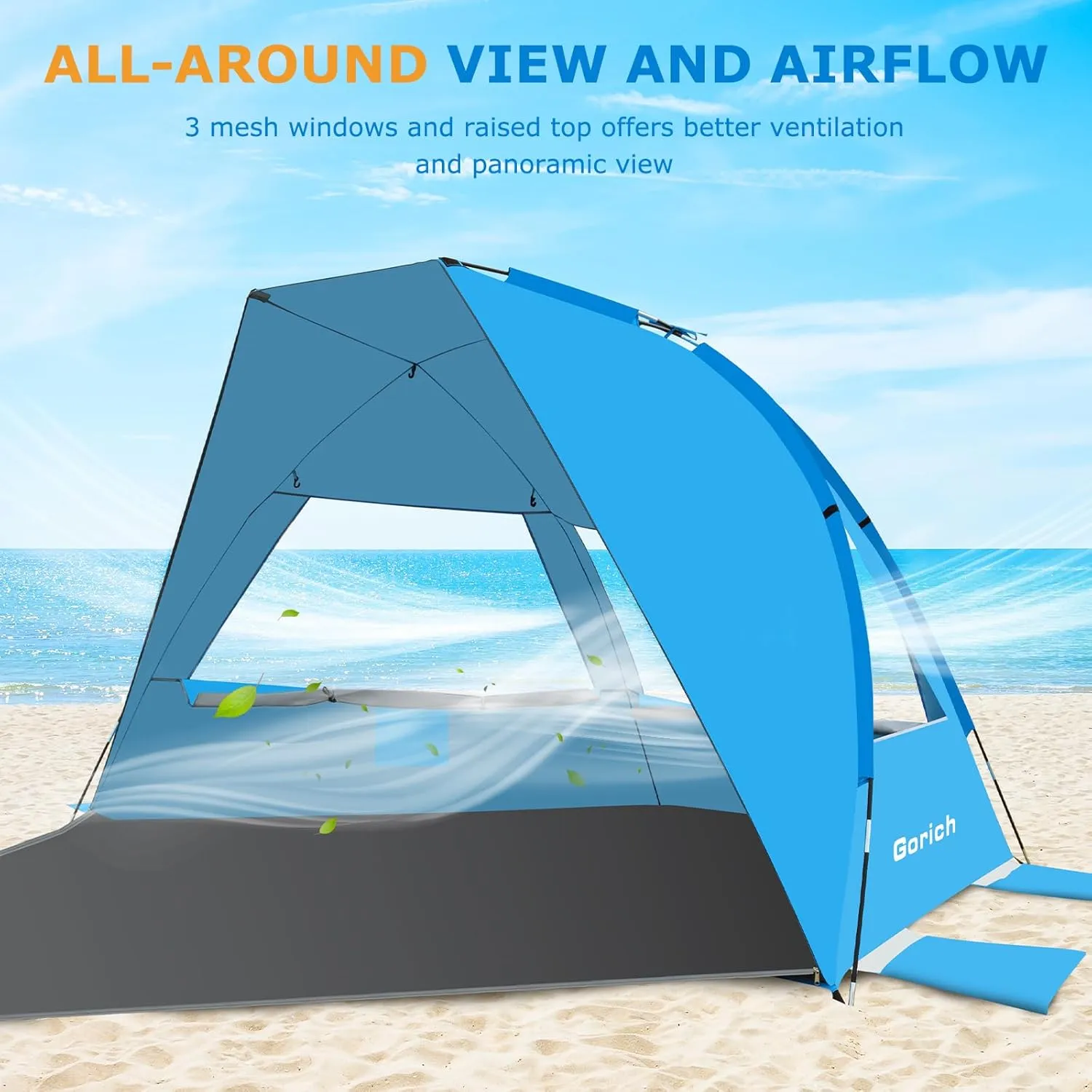Gorich Portable Beach Tent for 3-7 Person with UPF 50  UV Protection, Lightweight & Foldable Sun Shelter with 5 Sand Bags, Easy Setup Windproof Beach Umbrella Sun Shade