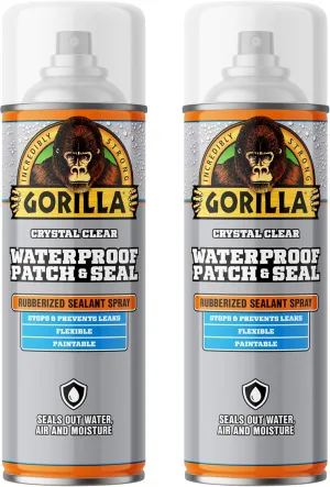 Gorilla Waterproof Patch & Seal Rubberized Sealant Spray, Crystal Clear, 14 Ounce (Pack of 2) - Seals Out Water, Air, and Moisture