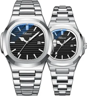Gosasa Luxury Couple Watches His and Hers Men Women Stainless Steel Matching Pair Quartz Luminous Green Dial Wristwatch Date Waterproof