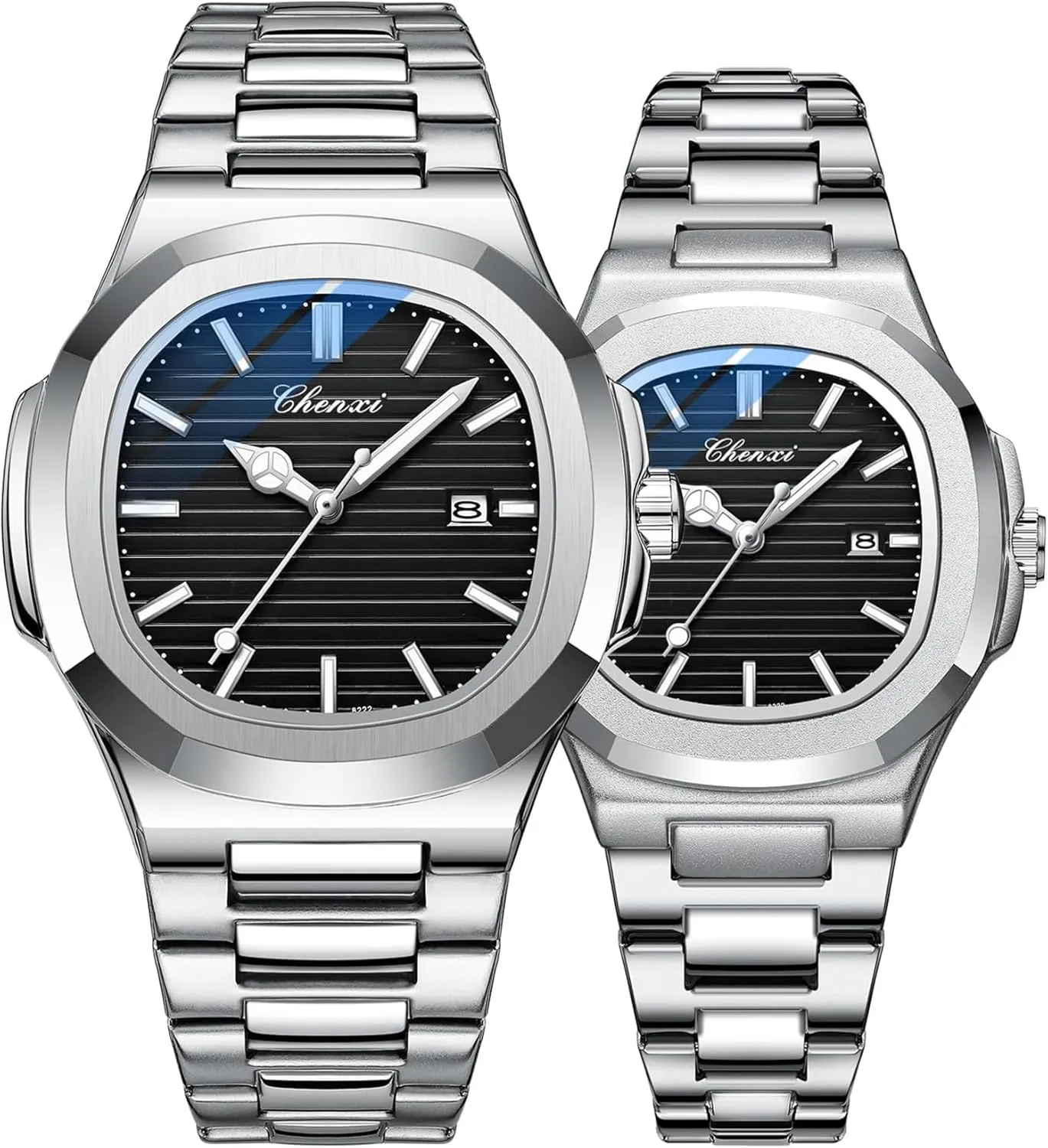 Gosasa Luxury Couple Watches His and Hers Men Women Stainless Steel Matching Pair Quartz Luminous Green Dial Wristwatch Date Waterproof