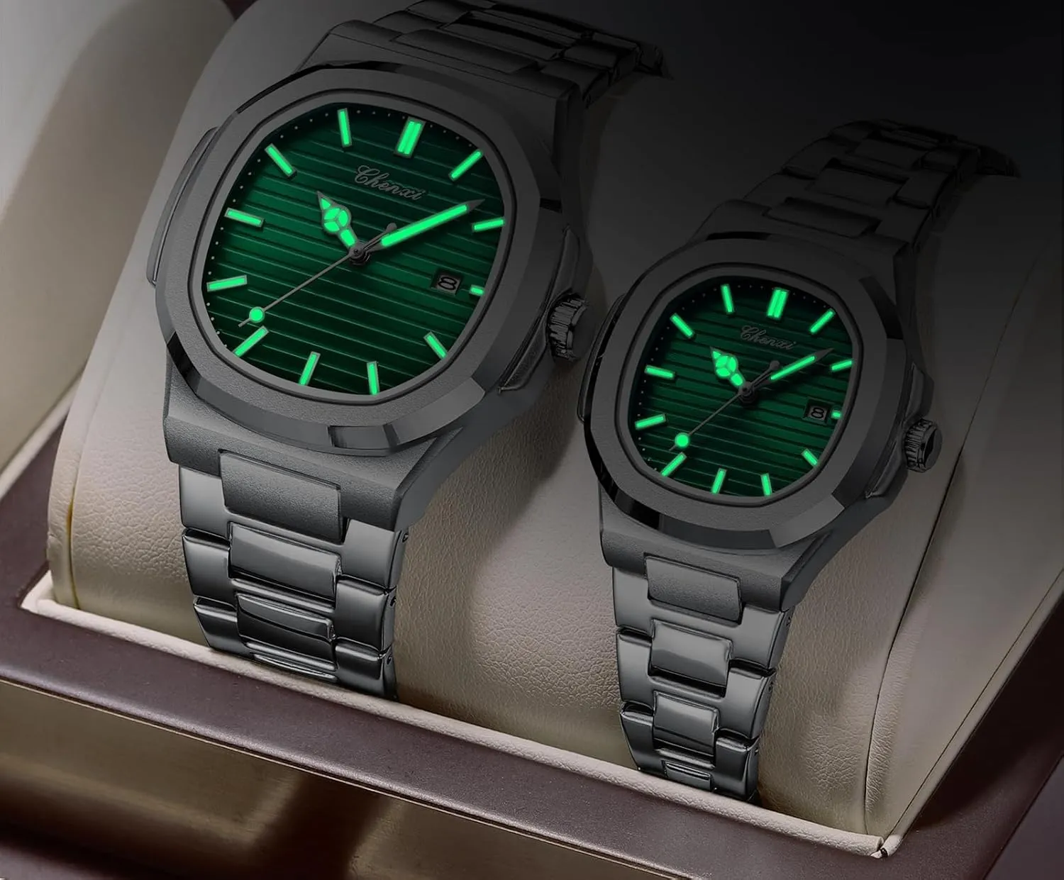 Gosasa Luxury Couple Watches His and Hers Men Women Stainless Steel Matching Pair Quartz Luminous Green Dial Wristwatch Date Waterproof