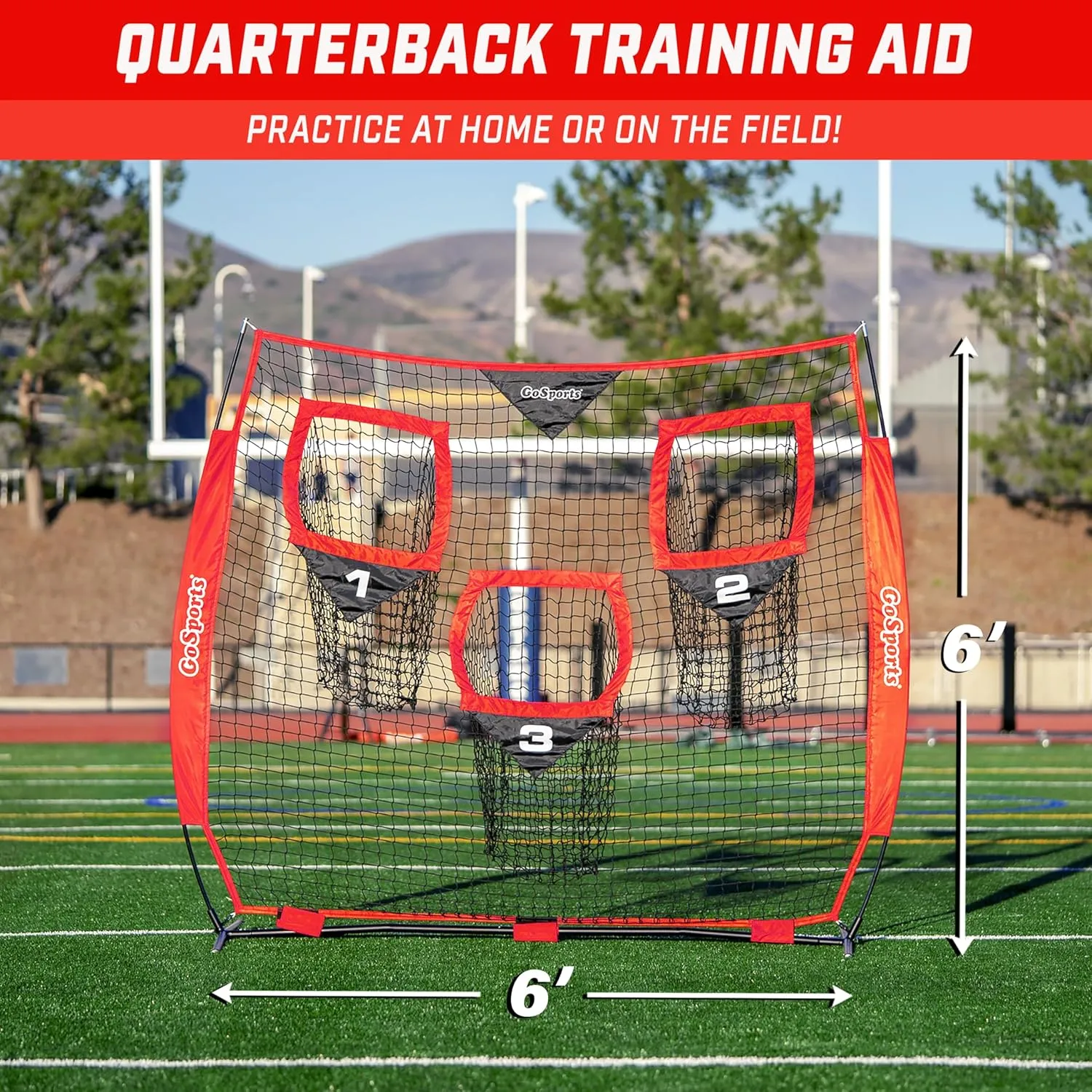 GoSports Football Throwing Net - 8 x 8 ft or 6 x 6 ft Nets - Choose Black or Red