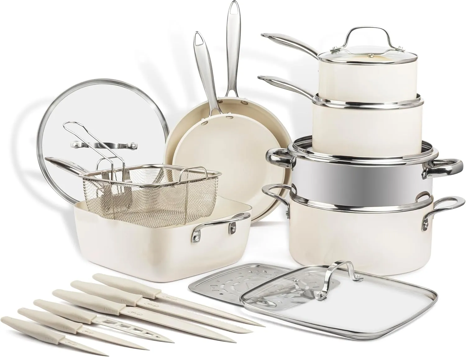 Gotham Steel 20 Pc Pots and Pans Set Non Stick Cookware Set, Kitchen Pot and Pan Set, Non Toxic Ceramic Cookware Sets, Nonstick Cookware Set, Lightweight, Dishwasher Safe, Cream White…