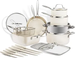 Gotham Steel 20 Pc Pots and Pans Set Non Stick Cookware Set, Kitchen Pot and Pan Set, Non Toxic Ceramic Cookware Sets, Nonstick Cookware Set, Lightweight, Dishwasher Safe, Cream White…