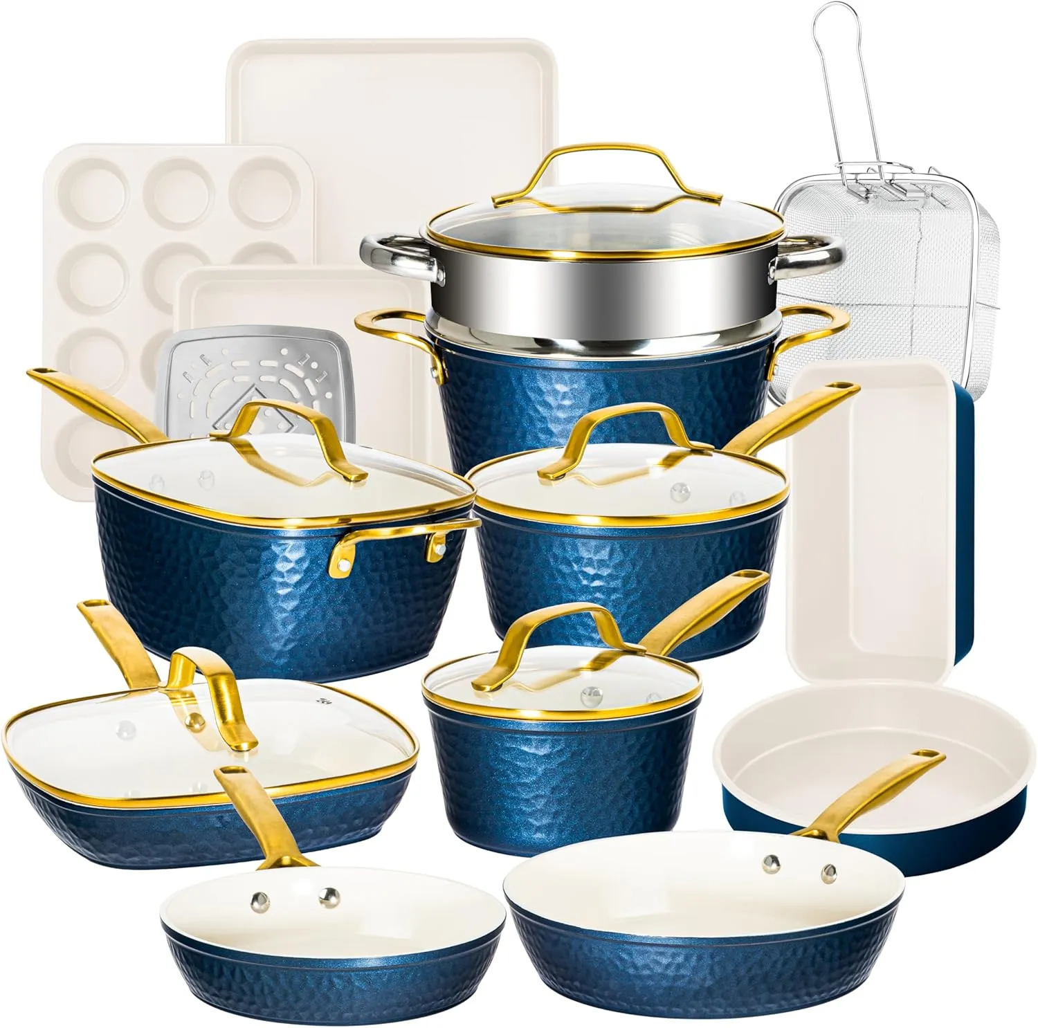 GOTHAM STEEL Hammered 20 Pc Ceramic Cookware Set Nonstick, Induction Pots and Pans Set Non Stick for Kitchen, Deep Pots and Pans for Cooking, Non Toxic Cookware Sets, Oven & Dishwasher Safe